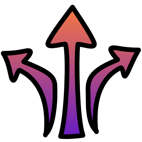 3 arrows, with one pointing forward and the others curving away to point out on either side. The arrows are outlined in black and have a dark purple to orange gradient.